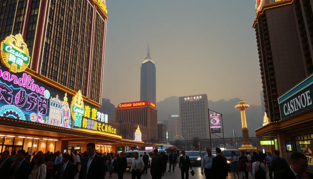 A bustling Macau cityscape, with the glittering facade of a towering casino resort dominating the foreground. Neon signs and bright lights illuminate the lively streets, filled with well-dressed patrons strolling in and out of the establishment. In the middle ground, towering skyscrapers and high-end hotels cast long shadows, reflecting the financial prowess and luxury that define Macau's gambling industry. The background gradually fades into a hazy, smog-tinged horizon, hinting at the environmental and social impacts of the region's relentless development. The scene conveys a sense of grandeur, opulence, and the transformative influence of the casino industry on the city's landscape and culture.