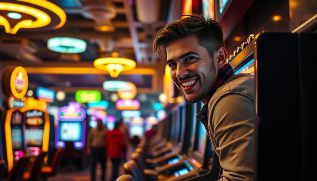 A bustling casino floor, with a player at the center of the frame, their face beaming with excitement and triumph. The backdrop is a blur of neon lights, slot machines, and the energy of a successful night. The player is dressed in casual, stylish attire, leaning forward with a confident posture, the glow of the screen reflecting on their face. The lighting is a warm, golden hue, creating a sense of celebration and prosperity. The camera angle is slightly elevated, giving a sense of the player's accomplishment and the scale of the casino environment. The overall atmosphere conveys the thrill of a successful gaming experience, a story of personal achievement and the allure of the casino lifestyle.