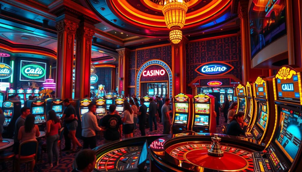 A bustling casino floor with the neon lights of Cali Casino illuminating the scene. In the foreground, a group of players gathered around a roulette table, their faces filled with excitement and anticipation. The middle ground showcases slot machines, their tempting displays beckoning players to try their luck. In the background, the casino's opulent decor and architectural features create an atmosphere of luxury and glamour. The lighting is warm and inviting, casting a soft glow over the entire scene. The camera angle is slightly elevated, providing a panoramic view that captures the allure and energy of this captivating entertainment destination.