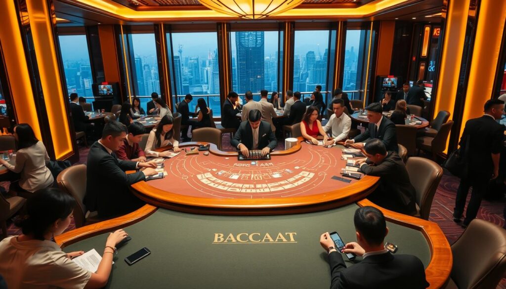 A bustling casino interior in Taipei, Taiwan, with a central baccarat table surrounded by smartly dressed patrons engaged in the lively game. Warm ambient lighting casts a glow over the polished wood and felt surfaces, while tall windows offer glimpses of the city skyline beyond. Dealers in crisp uniforms efficiently manage the dealt cards and wagers, their movements precise and practiced. An air of excitement and anticipation pervades the scene, reflecting the popularity and allure of baccarat among Taiwanese leisure seekers.