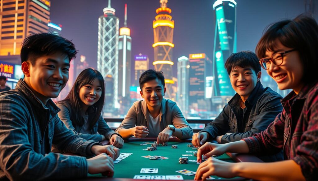 A bustling city skyline in the background, with towering skyscrapers and neon lights reflecting off the sleek high-rise buildings. In the foreground, a group of young Taiwanese adults gathered around a table, deeply engrossed in a lively game of Texas Hold'em poker. The players' faces are animated, with expressions of intense concentration and friendly competitiveness. The table is adorned with playing cards, casino chips, and other gaming paraphernalia, creating a vibrant, immersive atmosphere. The lighting is warm and inviting, casting a cozy glow over the scene. The overall mood conveys the passion and enthusiasm Taiwanese players have for online casino gaming, particularly their preference for classic table games like poker.