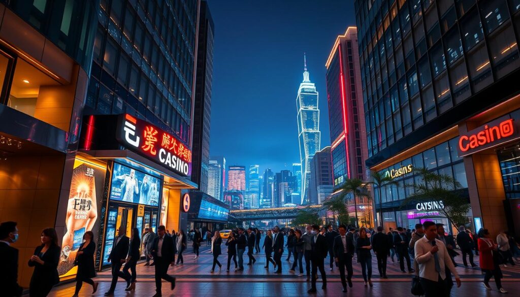 A bustling cityscape at night, the illuminated skyline of Taipei shimmering in the distance. In the foreground, the entrance of a state-of-the-art online casino, its neon signage and electronic screens beckoning passersby. The scene is bathed in a warm, inviting glow, creating an atmosphere of excitement and anticipation. Sleek, modern architecture frames the scene, while a crowd of smartly dressed people mill about, eager to experience the thrills of Taiwan's most popular and recommended online entertainment destinations.