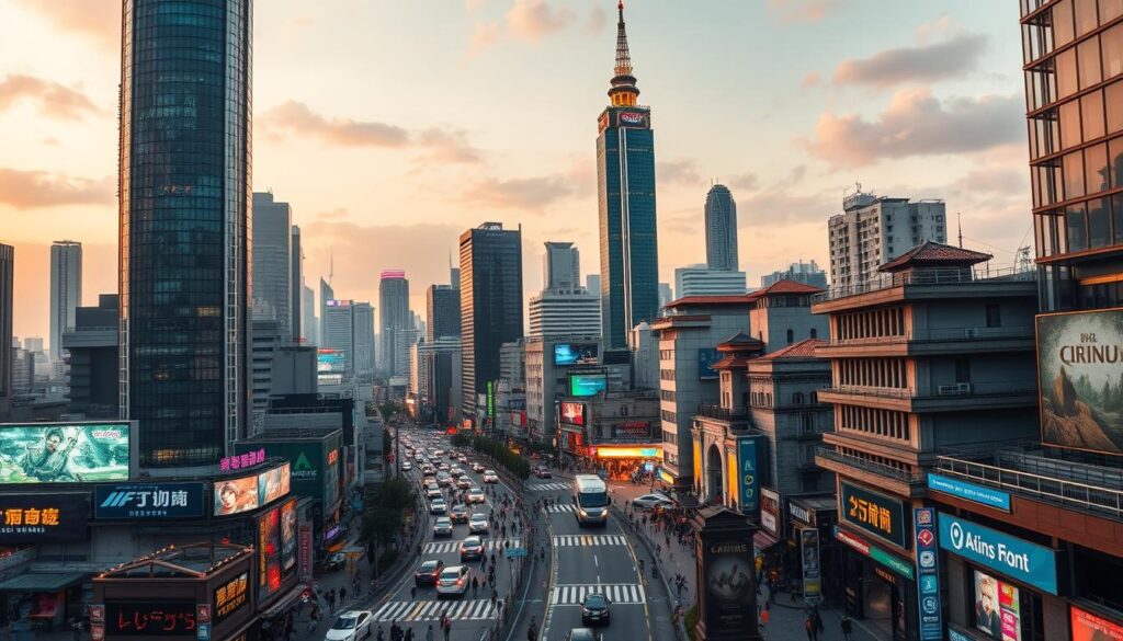 A bustling cityscape of Taipei, Taiwan, showcasing the vibrant online gambling market. In the foreground, towering skyscrapers and neon-lit billboards reflect the energy and growth of the industry. The middle ground features busy streets filled with pedestrians and vehicles, capturing the pulse of the urban landscape. In the background, a blend of modern and traditional architecture creates a dynamic visual contrast. The scene is illuminated by a warm, golden glow, evoking a sense of prosperity and opportunity. The overall composition conveys the scale, sophistication, and prominence of Taiwan's thriving online betting ecosystem.