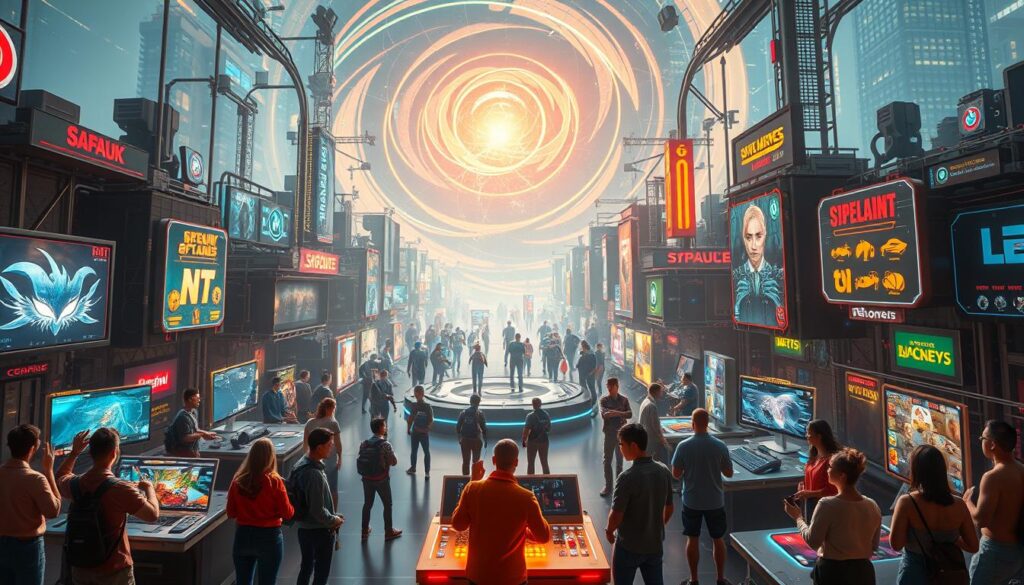 A bustling digital landscape, where colorful online games take center stage. In the foreground, a diverse array of gaming icons and avatars engage in dynamic interactions, showcasing the vibrant and ever-evolving trends of the virtual entertainment world. The middle ground features a sleek, futuristic interface, with glowing interfaces and intuitive controls, hinting at the seamless user experience of modern gaming platforms. In the background, a swirling vortex of data and information flows, representing the vast and interconnected nature of the online gaming ecosystem. Warm lighting casts a welcoming glow, while a sense of energy and excitement permeates the scene, capturing the thrill and allure of the current gaming landscape.