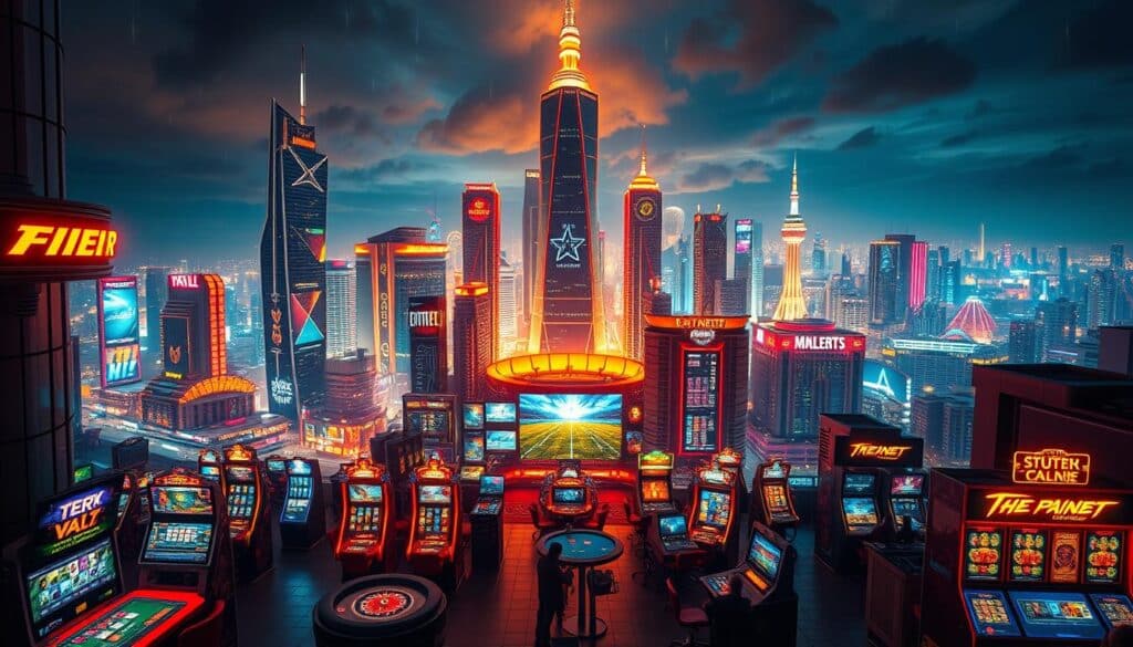 A bustling metropolis of online entertainment, illuminated by the glow of digital displays and the energy of endless possibilities. In the foreground, vibrant casino-style gaming tables and slots beckon players, their excitement palpable. The middle ground showcases a towering virtual skyline, with sleek, modern buildings and neon-lit billboards advertising the latest thrilling experiences. In the background, a panoramic view of the city's expansive growth, with new development projects and tech hubs rapidly emerging, reflecting the industry's exponential progress. Warm, saturated lighting casts a sense of prosperity and innovation, while dynamic camera angles capture the scale and dynamism of this evolving digital landscape.