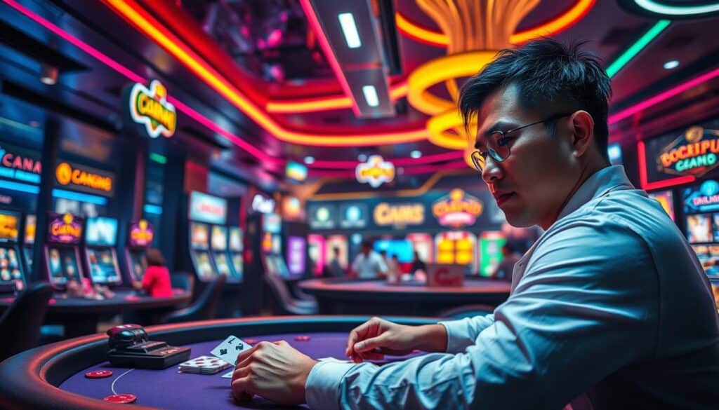 A bustling online casino filled with unique gameplay experiences, captured in a vivid, dynamic image. In the foreground, a player immerses themselves in a high-stakes card game, the intensity of their expression conveying the thrill of the moment. The middle ground showcases a diverse array of game icons and interactive elements, each beckoning the viewer to explore the varied offerings. In the background, a sleek, modern casino setting with neon-lit accents and a sense of futuristic elegance sets the tone. Cinematic lighting casts dramatic shadows, heightening the sense of excitement and anticipation. The overall composition conveys the idea of an online entertainment hub that is at the forefront of innovative gaming, catering to the preferences of discerning Taiwanese players.