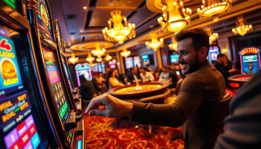 A bustling online casino scene, captured in vibrant detail. In the foreground, a player's hands eagerly pull the lever of a colorful slot machine, their face alight with the thrill of potential winnings. The middle ground features a group of players gathered around a roulette table, their expressions animated as the ball spins. In the background, the opulent casino interior comes into focus - ornate chandeliers, plush carpeting, and the hum of excitement. The lighting is warm and inviting, casting a golden glow over the entire scene. The overall atmosphere conveys the allure and sense of "easy money" that draws players to the world of online gaming.