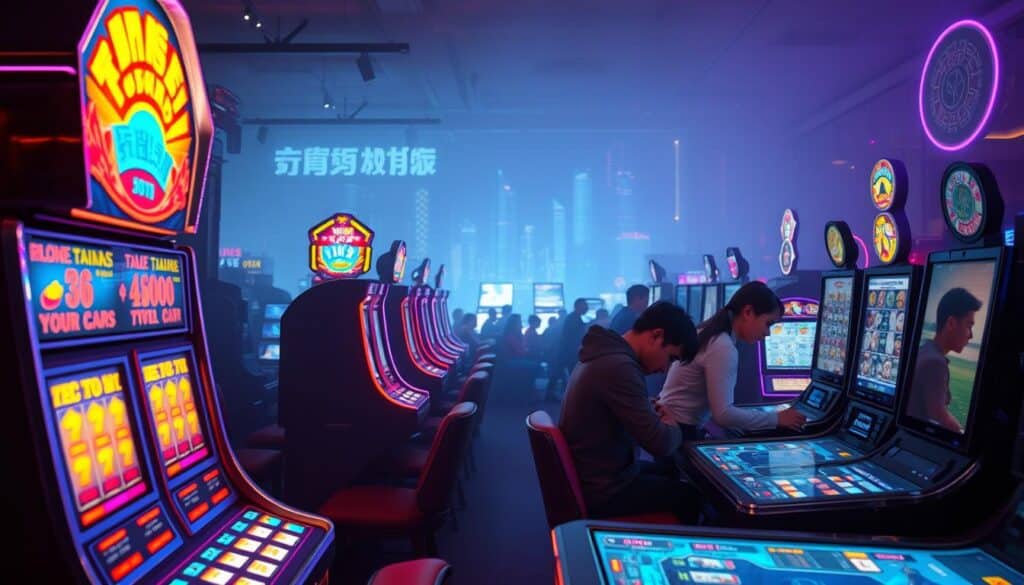A bustling online casino scene, captured through the lens of a Taiwanese player's experience. In the foreground, a vibrant array of digital slot machines and table games, their glowing interfaces beckoning players to try their luck. In the middle ground, a group of focused individuals hunched over their devices, fingers tapping away as they navigate the virtual tables and charts. The background is hazy, evoking a sense of immersion, with neon-tinged skylines and the faint glow of computer screens casting an otherworldly glow. The overall atmosphere is one of intensity and excitement, reflecting the passionate engagement of Taiwanese players in the dynamic world of online gambling.