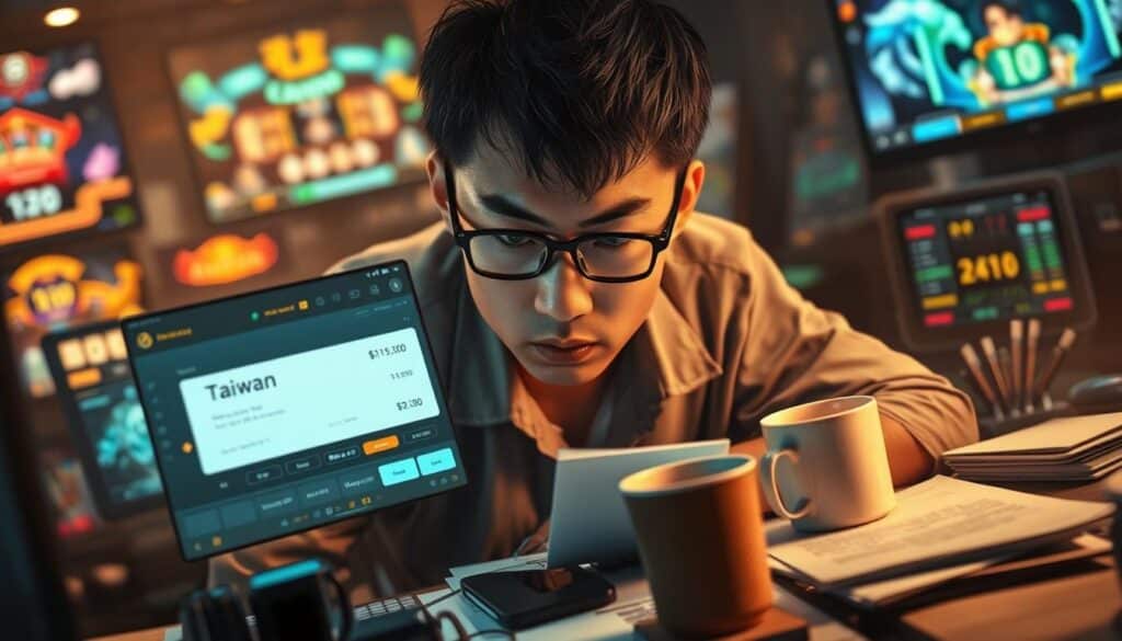 A bustling online casino scene, with a focal point depicting a Taiwan player intently focused on a transaction screen, reflecting the importance of withdrawal speed. The player's expression conveys a sense of urgency, surrounded by a cluttered desktop filled with devices, papers, and a cup of coffee, capturing the dynamic energy of the online gaming environment. The background is hazy, with blurred shapes of other casino interfaces, suggesting the broader context of the player's experience. Warm, soft lighting illuminates the scene, creating a sense of intimacy and concentration. The overall composition and mood emphasize the Taiwanese player's keen attention to the withdrawal process, a central concern in their online gaming journey.