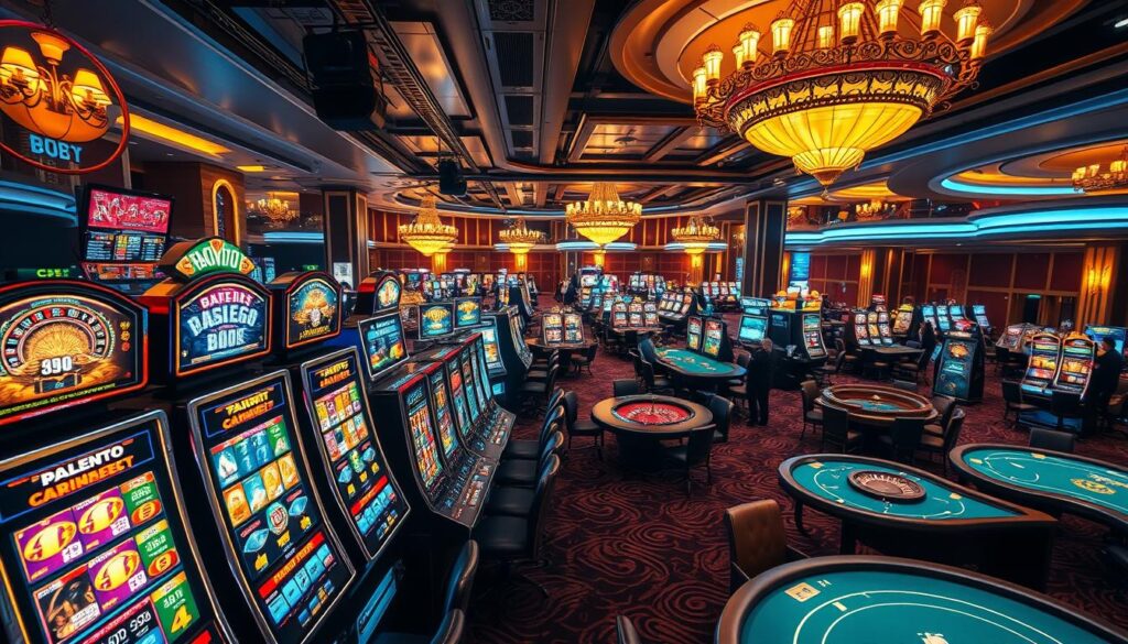 A bustling online casino scene with a wide variety of engaging game options. In the foreground, vibrant slot machines beckon with flashing lights and dazzling colors. The middle ground features dynamic tables of classic casino games like blackjack, roulette, and baccarat, each with their own distinct atmospheres. In the background, a panoramic view of the casino's lavish interior, complete with high ceilings, ornate chandeliers, and elegant decor, creating an immersive and luxurious ambiance. Warm, inviting lighting casts a golden glow, setting the mood for an exciting gaming experience. The overall composition conveys the rich diversity and excitement of the online casino's diverse game library, catering to a wide range of player preferences and interests.