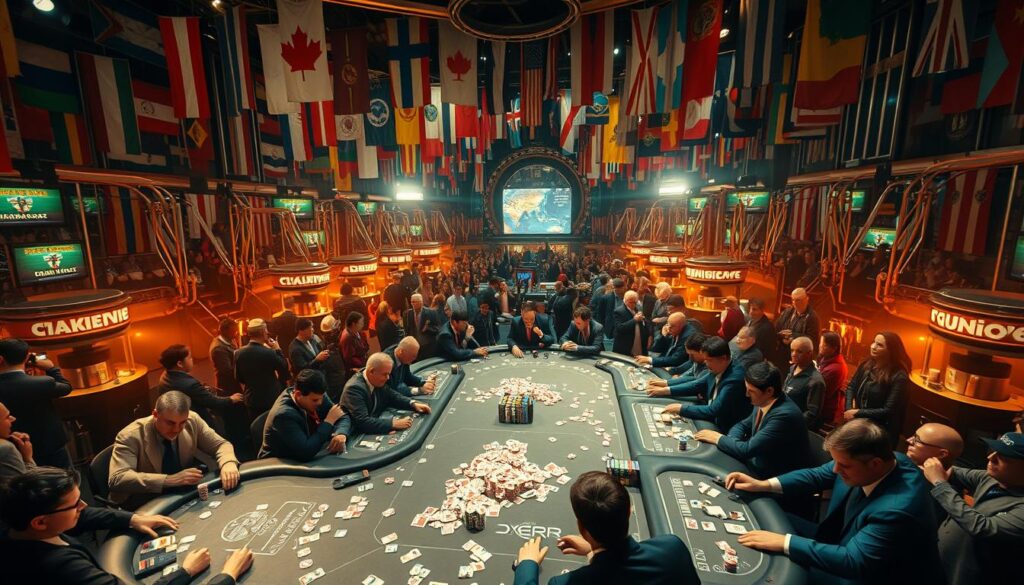 A bustling scene of the world's premier Texas Hold'em poker tournaments. The foreground highlights a massive, brightly lit table surrounded by players in suits and casual attire, hands poised over a sprawl of cards and poker chips. In the middle ground, spectators line the sides, intently watching the high-stakes action. The background is filled with a tapestry of national flags, signifying the global diversity of the event. Warm, dramatic lighting casts long shadows, creating an atmosphere of tension and excitement. The camera angle is slightly elevated, providing a bird's-eye view of the energetic proceedings, conveying the scale and prestige of these marquee poker competitions unfolding across the world.