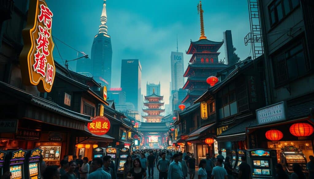 A bustling traditional entertainment city, with neon-lit casinos, vibrant street markets, and historic architecture. In the foreground, a lively crowd gathers around a lively gaming hall, the sound of slot machines and laughter filling the air. The middle ground showcases traditional shops and restaurants, their colorful facades and lanterns creating a warm, inviting atmosphere. In the background, towering skyscrapers and a majestic temple spire pierce the skyline, reflecting the harmonious blend of modern and ancient elements that define this iconic urban landscape. Soft, warm lighting casts a cozy glow, capturing the timeless allure of this quintessential entertainment district.