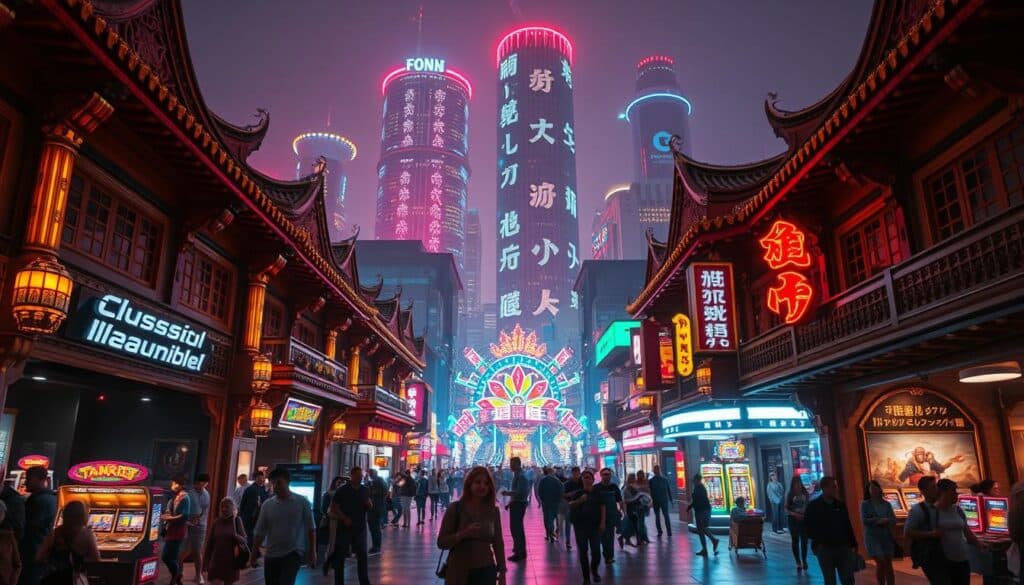 A bustling traditional entertainment complex stands proud, its vibrant neon signs and ornate architecture casting a warm glow over the bustling streets. In the foreground, visitors eagerly enter through grand archways, drawn to the lively atmosphere of classic casino games, lively music, and social interactions. The middle ground showcases an array of entertainment options, from dazzling stage performances to thrilling carnival rides. In the background, towering skyscrapers and a vibrant nightscape create a sense of urban energy, highlighting the enduring allure of this timeless entertainment destination. Soft, diffused lighting and a cinematic perspective evoke a timeless, immersive experience that celebrates the enduring charm of traditional entertainment hubs.