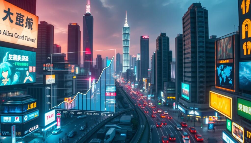 A bustling urban skyline with towering high-rises and neon-lit billboards, representing the competitive landscape of Taiwan's online entertainment industry. In the foreground, graphs and charts depicting market share, growth trends, and player positioning float holographically, illuminated by a soft, diffused lighting. The background features a panoramic view of the city, with dynamic traffic and pedestrian activity, conveying the vibrant, fast-paced nature of the sector. The overall tone is one of data-driven analysis, conveyed through a sleek, futuristic aesthetic that captures the digital, tech-savvy nature of the online entertainment market.