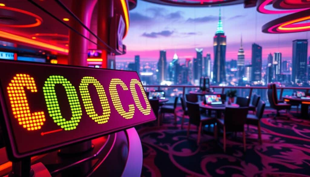 A captivating neon-lit scene of an online casino's promotional codes. In the foreground, a vibrant digital display showcases a series of glowing coupon codes, each dancing with a hypnotic rhythm. The middle ground features a sleek, modern casino interior, with polished surfaces and flashing lights. In the background, a city skyline twinkles with the allure of nightlife, setting the stage for an immersive and thrilling entertainment experience. The lighting is warm and inviting, creating a sense of excitement and anticipation. The overall composition conveys the essence of an exclusive online casino offer, drawing the viewer into the world of lucrative promotions and potential rewards.