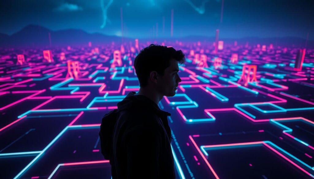 A captivating scene of a person navigating through a maze of digital traps and pitfalls, represented by glowing neon lines and shapes. The foreground features the central figure, a person with a thoughtful expression, carefully examining the path ahead, their silhouette cast in sharp contrast against the vibrant, pulsing background. The middle ground consists of a labyrinth of interconnected pathways, each with its own distinct pattern and hue, creating a sense of complexity and potential hazards. The background is a vast, ethereal landscape, with a striking color palette of deep blues, purples, and blacks, conveying a sense of the digital realm and the need for vigilance. Subtle lighting effects, such as soft glows and reflections, add depth and atmosphere to the scene, emphasizing the importance of navigating the digital landscape with caution and awareness.