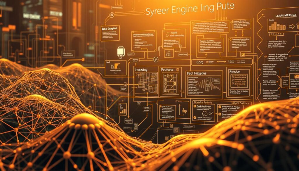 A complex diagram showcasing the intricate workings of a search engine. In the foreground, a detailed illustration of a web crawler system, meticulously mapping the interconnected web of pages. In the middle ground, a schematic representation of the indexing process, with complex algorithms and data structures organizing and categorizing the gathered information. In the background, a visualization of the ranking and retrieval mechanisms, using advanced natural language processing and machine learning techniques to deliver relevant results. The overall scene is bathed in a soft, warm light, conveying a sense of scientific exploration and discovery, perfectly suited to illustrate the inner workings of these vital digital tools.