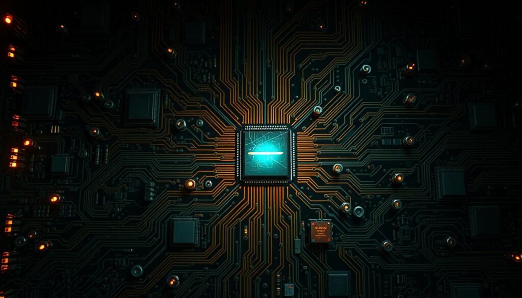 A complex, intricate circuit board with computer chips, transistors, and wires weaving through it, illuminated by a warm, focused lighting that casts dramatic shadows. In the center, a glowing anomaly disrupts the orderly patterns, hinting at a hidden vulnerability being exploited. The atmosphere is one of technical fascination and cautious intrigue, as if peering into the mysterious inner workings of a sophisticated software system. The composition emphasizes the scale and sophistication of the underlying "code" being probed, conveying the challenge and allure of unraveling its secrets.