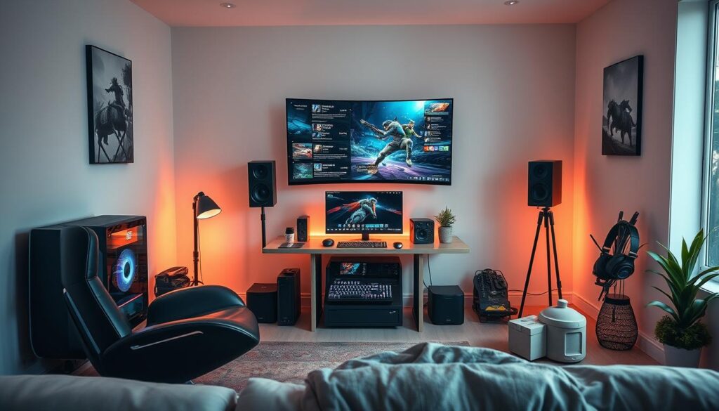A cozy and convenient gaming environment with a sleek, modern design. The foreground features a comfortable, ergonomic gaming setup with a high-end PC, a large curved display, and an immersive audio system. The middle ground showcases various gaming accessories, such as a gaming mouse, keyboard, and headset, arranged in a visually appealing manner. The background depicts a minimalist, well-lit room with clean lines, soft ambient lighting, and hints of natural elements like potted plants, creating a serene and relaxing atmosphere. The overall scene conveys a sense of effortless enjoyment and seamless integration of technology, perfectly suited for an immersive online gaming experience.