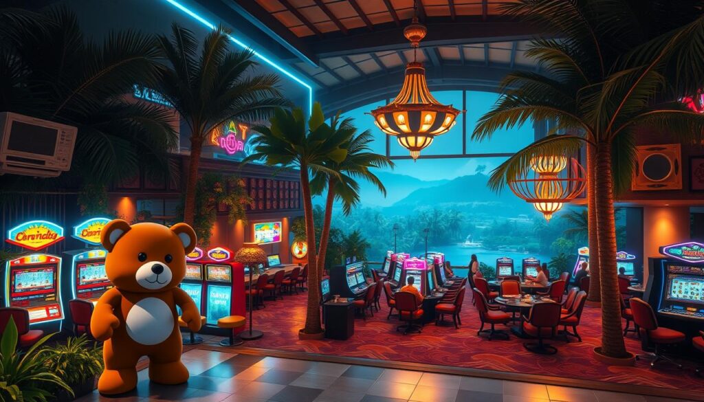 A cozy and inviting casino resort nestled in a lush, tropical landscape. In the foreground, a charming teddy bear mascot stands at the entrance, beckoning visitors to explore the vibrant gaming floor filled with a variety of slot machines and table games. The middle ground reveals a stylish and modern casino interior, with high ceilings, elegant chandeliers, and plush seating areas. In the background, a panoramic view of the resort's tranquil gardens and lush greenery creates a serene and relaxing atmosphere. Soft lighting and warm hues set the mood, evoking a sense of comfort and excitement for the unique gaming experience that awaits within the "小熊娛樂城".