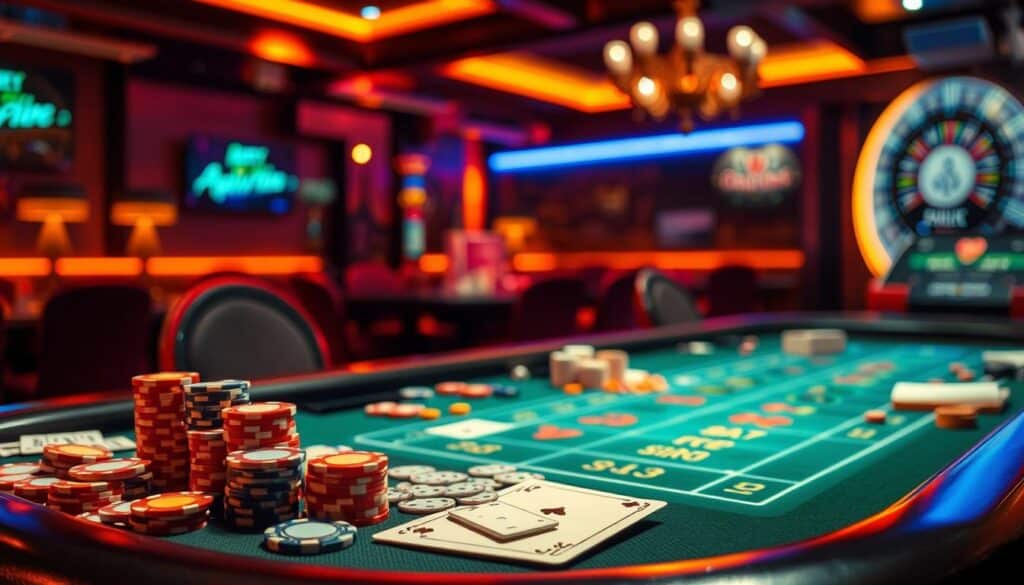 A cozy and inviting online casino scene, featuring a well-lit gaming table with an array of enticing casino chips, playing cards, and other gaming accessories. In the background, a warm and dimly lit ambiance, with soft lighting illuminating the space, creating a sense of elegance and indulgence. The foreground showcases various player rewards and promotions, such as free spins, bonus credits, and loyalty program details, presented in a visually appealing and organized manner to highlight the attractive player benefits. The overall composition conveys a sense of excitement, anticipation, and the promise of a rewarding gaming experience for the player.