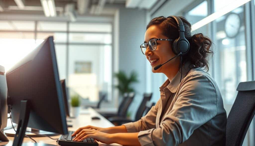 A customer service representative sitting at a desk in a bright, modern office, wearing a headset and intently focused on their computer screen. The office has clean, minimalist decor with large windows allowing natural light to flood the space. The representative has a friendly, helpful expression, conveying the importance of online customer service in the entertainment industry. The scene is captured with a wide-angle lens to showcase the professional, efficient atmosphere of the customer service center.