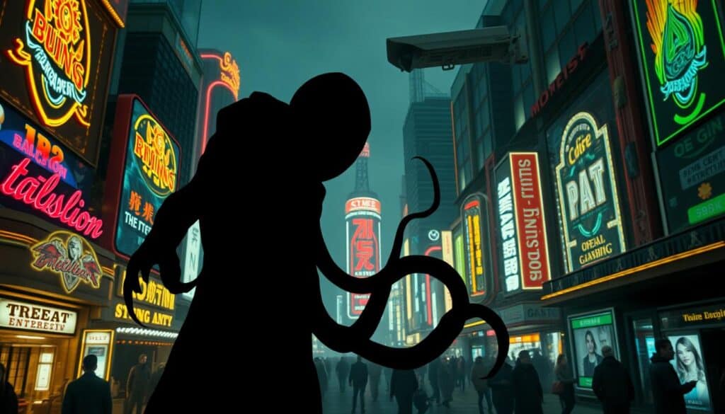 A dark and foreboding scene set in the heart of a bustling entertainment city. In the foreground, a shadowy figure representing a fraudulent online gambling platform, its tentacles ensnaring the unsuspecting public. The middle ground depicts a maze of neon lights and glittering facades, masking the underlying deception. In the background, a surveillance camera towers ominously, hinting at the need for vigilance and protection against such schemes. The lighting is dramatic, casting long shadows and highlighting the sinister atmosphere. The overall mood is one of caution and unease, urging viewers to be aware of the dangers lurking within the allure of online entertainment.