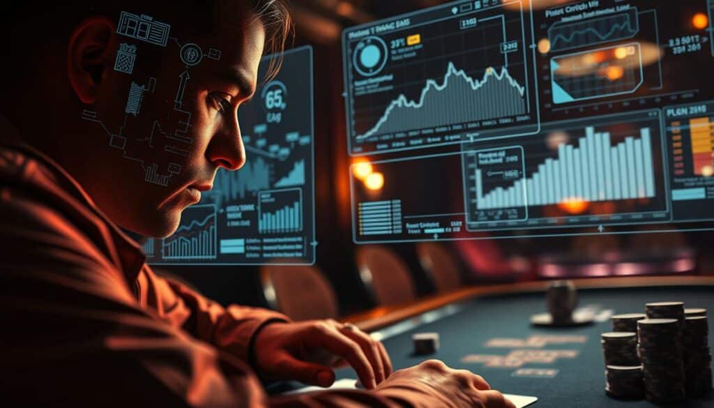 A data analysis strategy to boost poker win rates. In the foreground, a poker player intently studying a holographic display of complex statistical charts and graphs, their face illuminated by the glow of the screen. In the middle ground, a stack of poker chips and cards, symbolizing the tangible rewards of successful data-driven play. In the background, a dimly lit poker table, setting the scene of a high-stakes game where the insights gleaned from rigorous analysis can make the difference between victory and defeat. Warm lighting casts dramatic shadows, creating an atmosphere of focus and determination. The composition conveys the power of leveraging data to gain a competitive edge in the thrilling world of Texas hold'em.