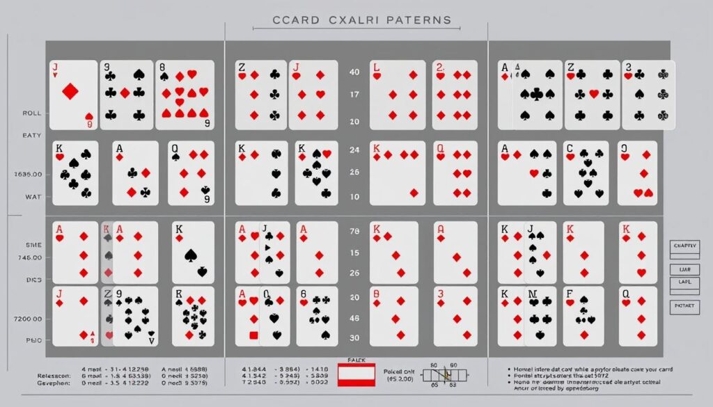 A detailed illustration of the card distribution patterns in baccarat, showcasing the various card combinations and their relative frequencies. The image should convey a sense of analytical depth, with a clean, minimalist design. Depict the cards in a neat, organized layout, using muted, tasteful colors that complement the serious, educational tone of the subject matter. Integrate subtle visual cues, such as data visualizations or diagrams, to enhance the informative nature of the image. Ensure the overall composition is balanced and visually appealing, guiding the viewer's attention to the key elements of the card distribution analysis.