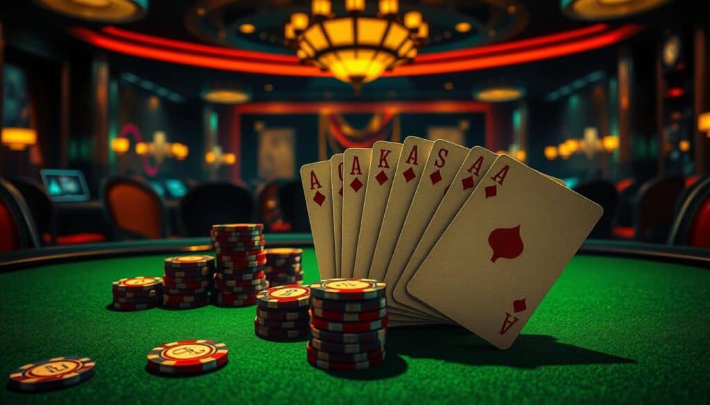 A detailed illustration of the essential Texas Hold'em poker strategies, featuring a sophisticated tabletop scene with a green felt surface, high-quality poker chips in various denominations, and a set of playing cards fanned out elegantly. The foreground showcases the key gameplay mechanics and decision-making processes, while the background depicts a dimly lit, exclusive casino environment, evoking a sense of refined skill and high-stakes competition. The lighting is warm and dramatic, highlighting the various textures and subtle details that elevate the overall composition. The mood is one of strategic contemplation and mastery, inviting the viewer to immerse themselves in the nuances of this captivating card game.