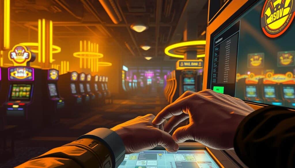 A detailed illustration of the withdrawal process at the Cali Entertainment City casino. In the foreground, a player's hands interacting with a casino kiosk, navigating the withdrawal menu. The middle ground features a dimly lit casino interior, with rows of slot machines and gaming tables in the background. The scene is bathed in a warm, golden light, creating an atmosphere of both excitement and unease. The camera angle is slightly elevated, offering a bird's-eye view of the transaction, highlighting the intricate process. The overall composition conveys a sense of the complexities and potential risks involved in the Cali Entertainment City withdrawal experience.