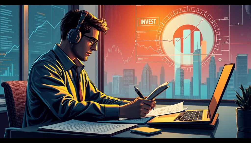 A detailed illustration showcasing the importance and methods of financial management. In the foreground, a person sitting at a desk, meticulously analyzing financial documents and charts. Soft, warm lighting illuminates the scene, creating an atmosphere of focus and diligence. In the middle ground, a visual representation of investment growth, with bars and lines charting gradual progress. The background features a city skyline, symbolizing the broader economic landscape. The overall composition conveys the significance of prudent financial planning and the strategies required to achieve financial stability and growth.