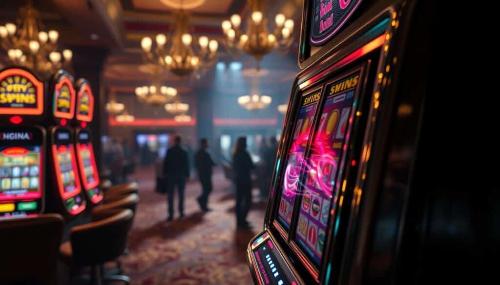 A detailed, realistic slot machine in a dimly lit casino setting. In the foreground, the slot machine gleams with chrome accents and colorful LED displays. The reels spin hypnotically, hinting at the potential for big wins. In the middle ground, the casino environment is rendered with plush carpets, ornate chandeliers, and the blurred silhouettes of other gamblers. The background is shrouded in shadows, creating an atmosphere of anticipation and risk-taking. Dramatic backlighting casts dramatic shadows, emphasizing the machine's mechanical precision. The overall scene conveys the allure and excitement of playing the slots, balanced with a sense of the high-stakes nature of gambling.