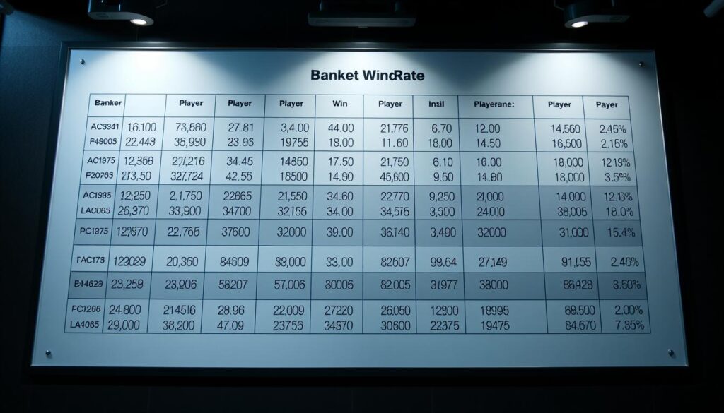 A detailed statistical analysis of the win rates between the banker and the player in a Baccarat game. The chart displays precise numerical data in a clean, minimalist style, with a neutral color palette of grays, whites, and blues to maintain a professional, analytical appearance. The layout features well-defined sections, using simple geometric shapes and clear data visualization techniques to present the key insights in an easy-to-understand format. Subtle lighting casts soft shadows, creating depth and dimension, while a shallow depth of field keeps the focus on the central data presentation. The overall atmosphere is one of meticulous data exploration, providing the viewer with a comprehensive understanding of the Baccarat win rate dynamics.