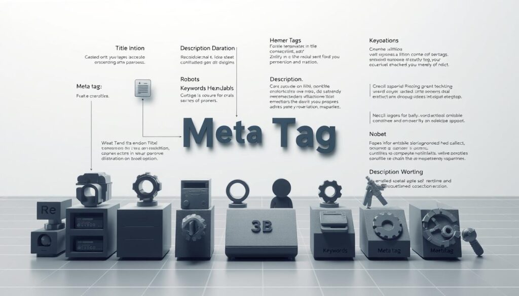 A detailed technical illustration of various types of Meta tags, presented in a clean, minimalist style. The foreground showcases the key Meta tag categories - Title, Description, Robots, Keywords, etc. - each represented by a distinct 3D icon or symbol. The middle ground features a grid-like layout, subtly suggesting the structured, organized nature of Meta tags. The background is a soft, neutral gradient, allowing the key elements to stand out prominently. Gentle lighting from the top-left casts subtle shadows, adding depth and dimensionality to the scene. The overall tone is informative, educational, and visually appealing, suitable for a technical article on web optimization.