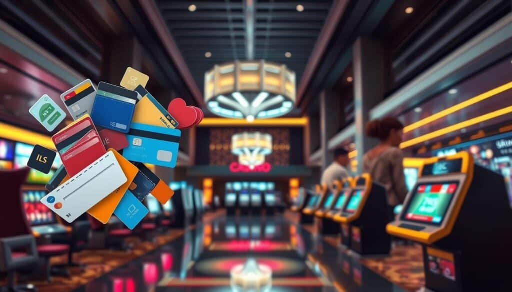 A digital casino lobby with various payment methods prominently displayed. In the foreground, a collage of virtual wallets, credit cards, and mobile payment icons float against a blurred backdrop of casino games and neon lights. The middle ground features a row of payment terminals and interactive interfaces, inviting users to securely deposit funds. The background showcases the striking architecture of a modern online casino, with sleek lines, muted colors, and a sense of technological sophistication. The lighting is soft and ambient, creating an atmosphere of comfort and trust for the discerning online gambler. The overall composition conveys the ease, security, and diversity of payment options available in this cutting-edge virtual gambling establishment.