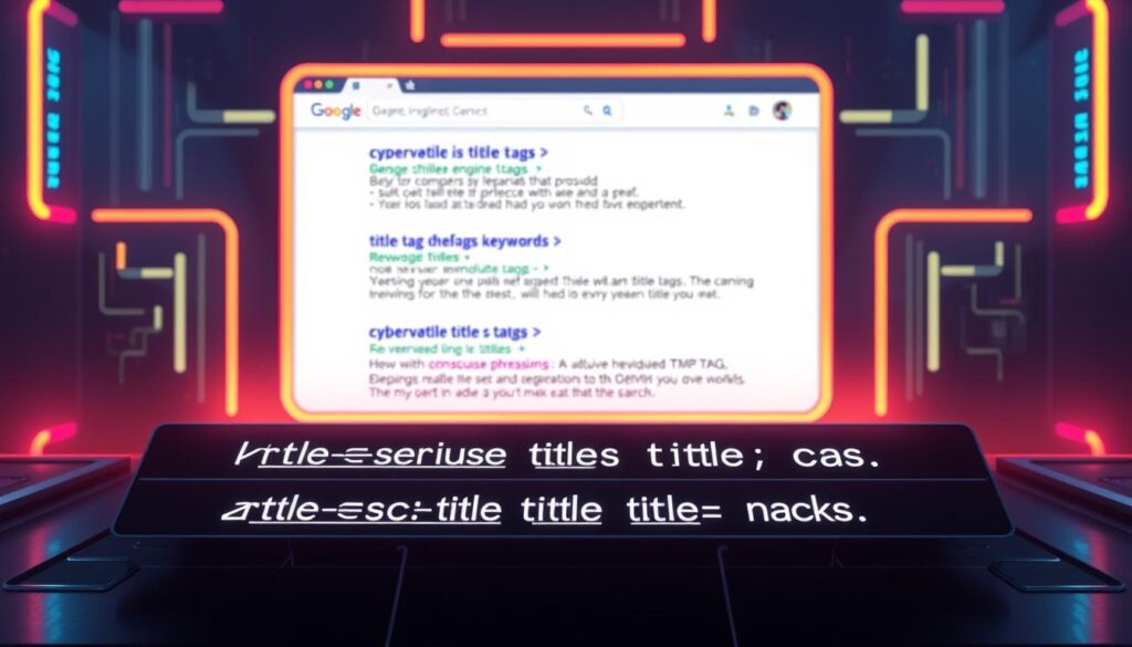 A digital illustration depicting the best practices for webpage title tags. In the foreground, a series of HTML title tags are elegantly displayed, highlighting key optimization techniques such as concise phrasing, relevant keywords, and an engaging tone. The middle ground features a search engine results page (SERP) showcasing how these title tags would appear in organic search, drawing the viewer's attention. In the background, a stylized web browser window frames the scene, creating a sense of context and purpose. The lighting is soft and warm, conveying a sense of professionalism and authority. The overall composition is balanced and visually striking, effectively communicating the importance of title tag optimization for SEO and click-through-rate improvement.
