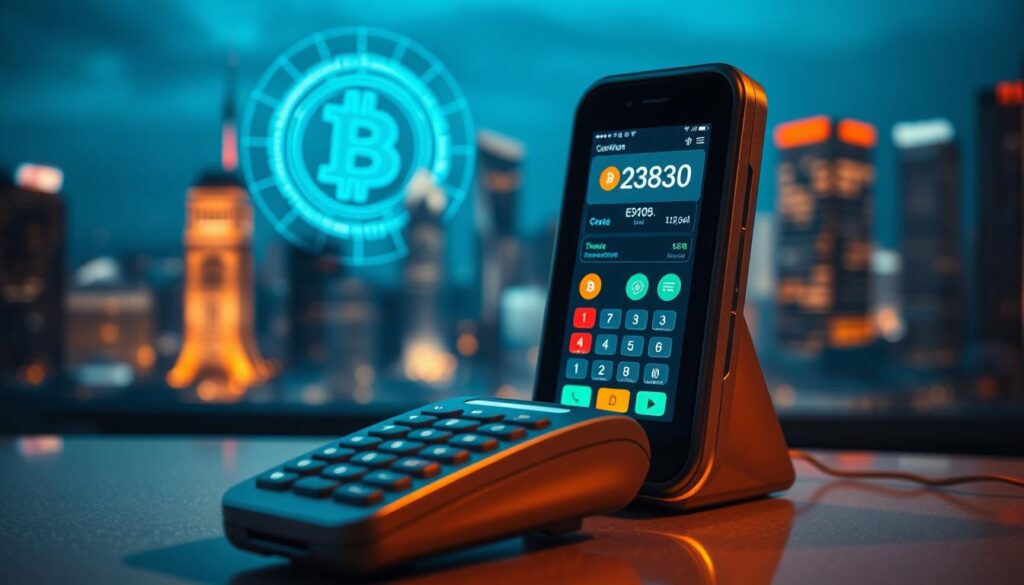 A digital payment terminal in the foreground, surrounded by a sleek, futuristic interface displaying cryptocurrency symbols and transaction data. The background features a blurred city skyline, hinting at the global reach and convenience of crypto-based transactions. Warm lighting casts a soft glow, creating an inviting and trustworthy atmosphere. The overall composition conveys the ease, security, and borderless nature of using cryptocurrency for everyday purchases and payments.