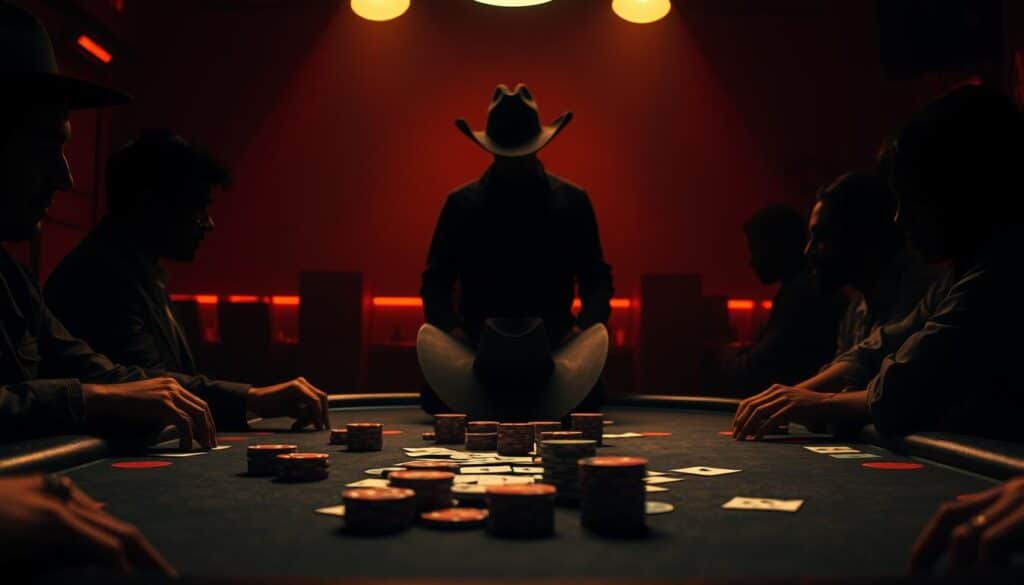 A dimly lit Texas hold'em poker table, with cards, chips, and the iconic cowboy hat in the foreground. Behind it, a strategist silhouette stands, intently studying the game dynamics. The table is surrounded by shadowy figures, representing the opponents, each with their own hidden tells and tactics. Warm lighting casts dramatic shadows, creating an intense, high-stakes atmosphere. The scene conveys the complexity and depth of poker strategy, where calculated decision-making and keen observation are essential to outmaneuver one's rivals.
