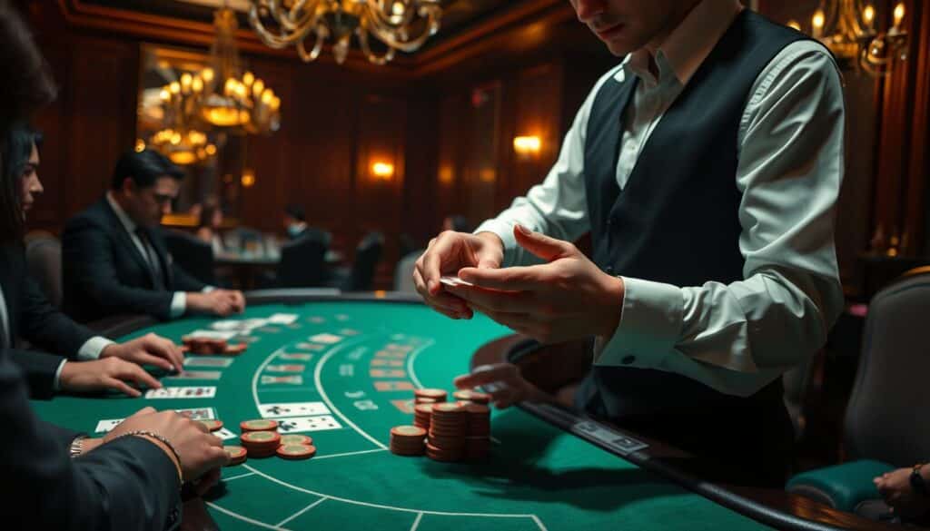 A dimly lit baccarat table with a green felt surface, surrounded by players in formal attire. The dealer, dressed in a crisp white shirt and black vest, meticulously shuffles a deck of cards, their hands moving with practiced precision. The table is illuminated by soft, warm lighting, casting a subtle glow on the cards and chips. In the background, a luxurious casino interior with ornate chandeliers and rich, wood-paneled walls can be seen. The scene conveys the atmosphere of an exclusive, high-stakes gaming experience, highlighting the rules and procedure of the baccarat deal.
