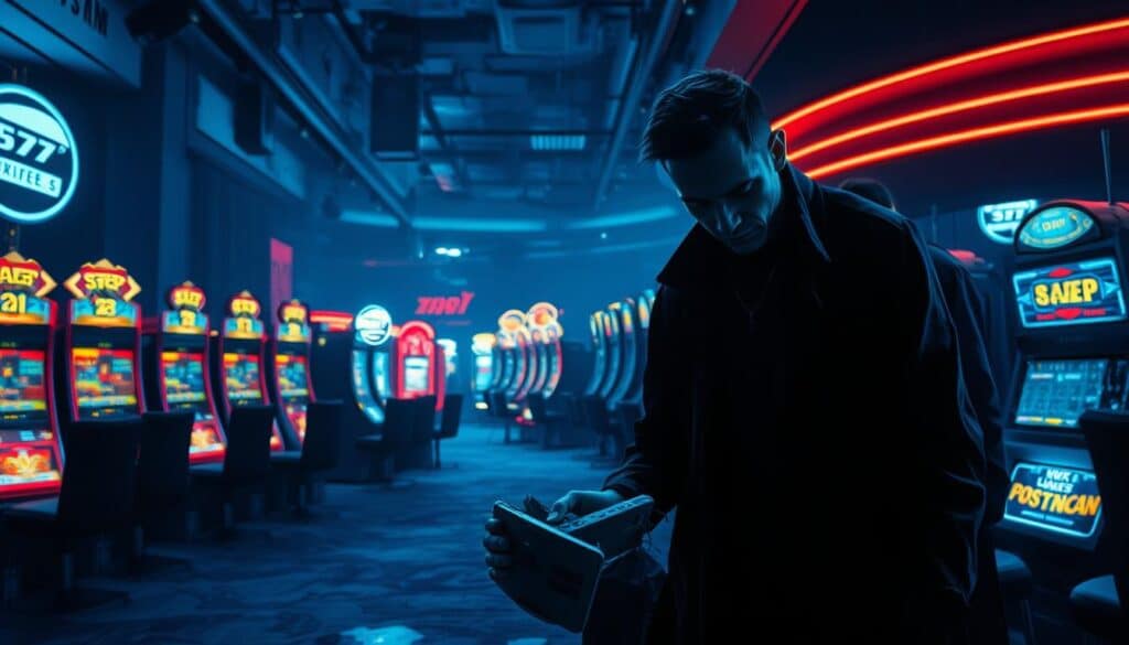 A dimly lit casino interior, the air thick with tension. In the foreground, a player stares helplessly at a shattered phone, their face etched with despair - the aftermath of a devastating online gambling scam. The middle ground reveals a maze of flashing lights and enticing slot machines, drawing in unsuspecting victims. In the background, a shadowy figure lurks, orchestrating the deception, a sinister grin upon their face. The scene is bathed in a somber, bluish hue, conveying the sense of loss and betrayal experienced by those caught in the web of online gambling fraud. The composition emphasizes the power imbalance, the individual's vulnerability against the predatory forces of the entertainment industry.