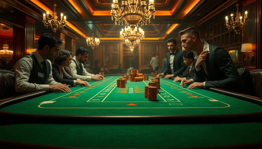 A dimly lit casino interior, the green felt of a baccarat table taking center stage. Dealers in crisp uniforms, chips stacked high, players leaning in with intense focus. In the background, glimpses of chandeliers, rich wood paneling, and a subtle air of sophisticated elegance. Warm lighting casts a hazy glow, creating an atmosphere of high-stakes strategy and quiet concentration. The table surface is adorned with subtle lines and markings, hinting at the intricate techniques and calculated moves of seasoned baccarat players. This image captures the essence of mastering the strategic nuances of the game, a testament to the skill and experience of the dedicated enthusiast.