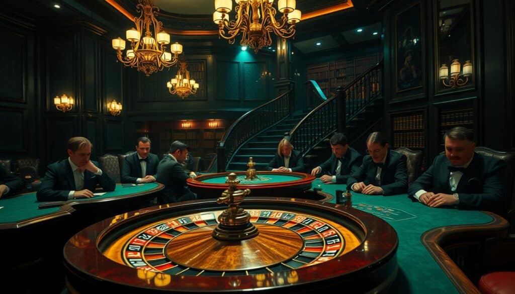 A dimly lit casino interior, the subtle glow of green felt tables and ornate chandeliers casting a warm, inviting atmosphere. In the foreground, a vintage roulette wheel sits, its ornate design hinting at the game's storied history. Surrounding it, players in formal attire sit focused, their expressions intense as they place bets, the air thick with anticipation. In the background, a grand staircase leads up to a mezzanine, where shelves of leather-bound books hint at the intellectual tradition of the game. The overall scene conveys the sense of a timeless, sophisticated pastime, steeped in tradition and rich with the thrill of chance.