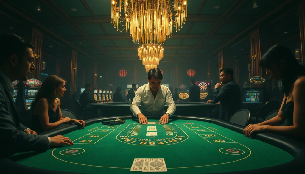 A dimly lit casino interior, with a green-felt baccarat table as the focal point. The table is surrounded by elegantly dressed patrons, their faces cast in dramatic shadows. The dealer, in a crisp white shirt, is dealing cards with precision. Overhead, a cascading chandelier casts a warm, golden glow, creating an atmosphere of high-stakes excitement. In the background, the faint outlines of slot machines and roulette wheels can be seen, hinting at the broader gambling experience. The scene conveys the strategic and sophisticated nature of baccarat, the quintessential casino game.
