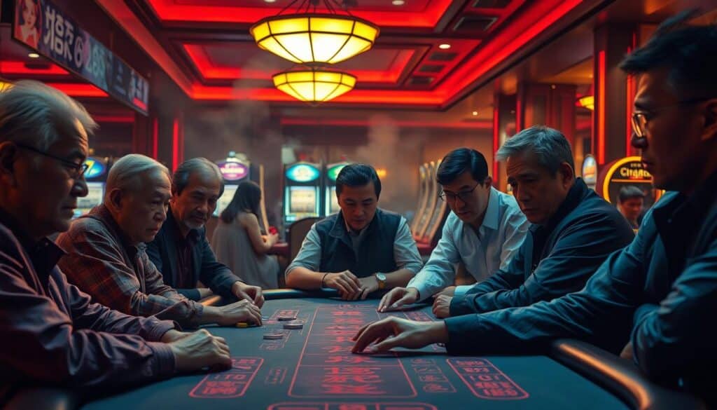 A dimly lit casino interior, with a group of casino patrons intently focused on a baccarat table. The players, a mix of older and younger individuals, display a range of expressions - some anxious, others stoic, and a few exhibiting a hint of excitement. The table is illuminated by warm, muted lighting, casting shadows that accentuate the tension in the air. In the background, a hazy atmosphere of cigarette smoke and the faint sounds of slot machines create an immersive, almost cinematic ambiance. The scene conveys the current state of Taiwanese baccarat players - a complex blend of risk, excitement, and the weight of potential consequences.