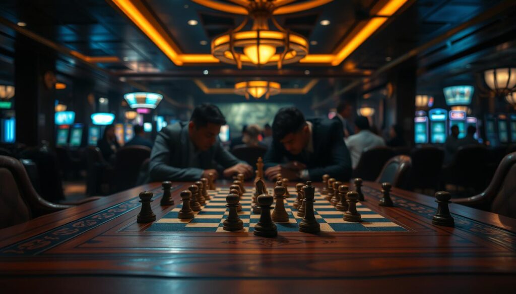 A dimly lit casino interior, with a mahogany table in the foreground featuring a game of Chinese chess. The pieces are arranged in a strategic position, hinting at an intense match in progress. Soft, ambient lighting casts shadows across the table, creating a pensive atmosphere. In the middle ground, players lean in, their faces obscured, deeply focused on the game. The background is blurred, suggesting the bustling energy of the casino, but the attention remains on the captivating chess game. The image conveys the skill, strategy, and intensity of mastering traditional Chinese board games.
