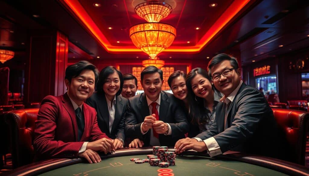 A dimly lit casino interior, with plush leather chairs and a sleek, modern bar in the background. In the foreground, a group of smartly dressed individuals gathered around a gaming table, their faces alight with excitement as they consider their next move. The lighting casts dramatic shadows, creating an atmosphere of intensity and anticipation. The table is adorned with an array of casino chips, reflecting the vibrant colors of the establishment. The players' expressions convey a sense of triumph and satisfaction, suggesting a successful outcome from their gaming session at the Jiufuonline casino. The scene captures the thrill and camaraderie of the casino experience, showcasing the triumphant stories of Taiwan's players.