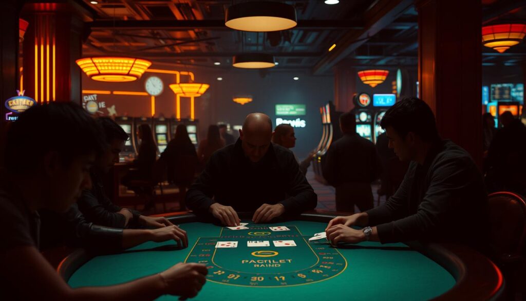 A dimly lit casino interior, with warm, amber lighting casting a cozy glow. At the center, a sleek blackjack table, its green felt surface inviting players to test their luck. Shadowy figures sit around the table, their faces obscured, focused on the cards in their hands. In the background, the hum of slot machines and the chatter of other patrons create a sense of anticipation. The scene conveys the inherent risks and allure of online gambling, while hinting at the importance of responsible risk management strategies.