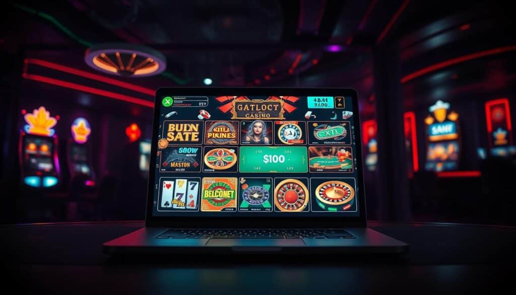 A dimly lit casino-style setting, with a central focus on a laptop or desktop computer screen displaying various online casino game icons, such as slot machines, roulette wheels, and card tables. The background should convey a sense of sophistication and luxury, with subtle hints of neon lighting and sleek, modern design elements. The overall mood should be one of intrigue and anticipation, capturing the excitement and allure of online casino gaming. The image should be captured from a slightly low angle, giving the viewer a sense of immersion and emphasizing the engaging nature of the gaming experience.