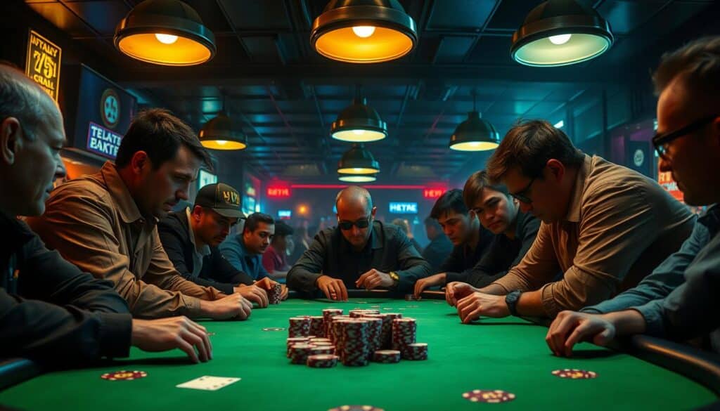 A dimly lit casino table, the green felt surface contrasting with the warm glow of overhead lamps. In the center, a deck of cards and poker chips are neatly arranged, ready for a high-stakes game of Texas Hold'em. Around the table, the players lean in, their faces a mix of concentration and anticipation, as they study their cards and consider their next moves. The atmosphere is tense, yet electric, reflecting the thrill and challenge of this classic card game. The camera captures the scene from a slightly elevated angle, giving a panoramic view of the table and the players, inviting the viewer to step into the heart of the action.